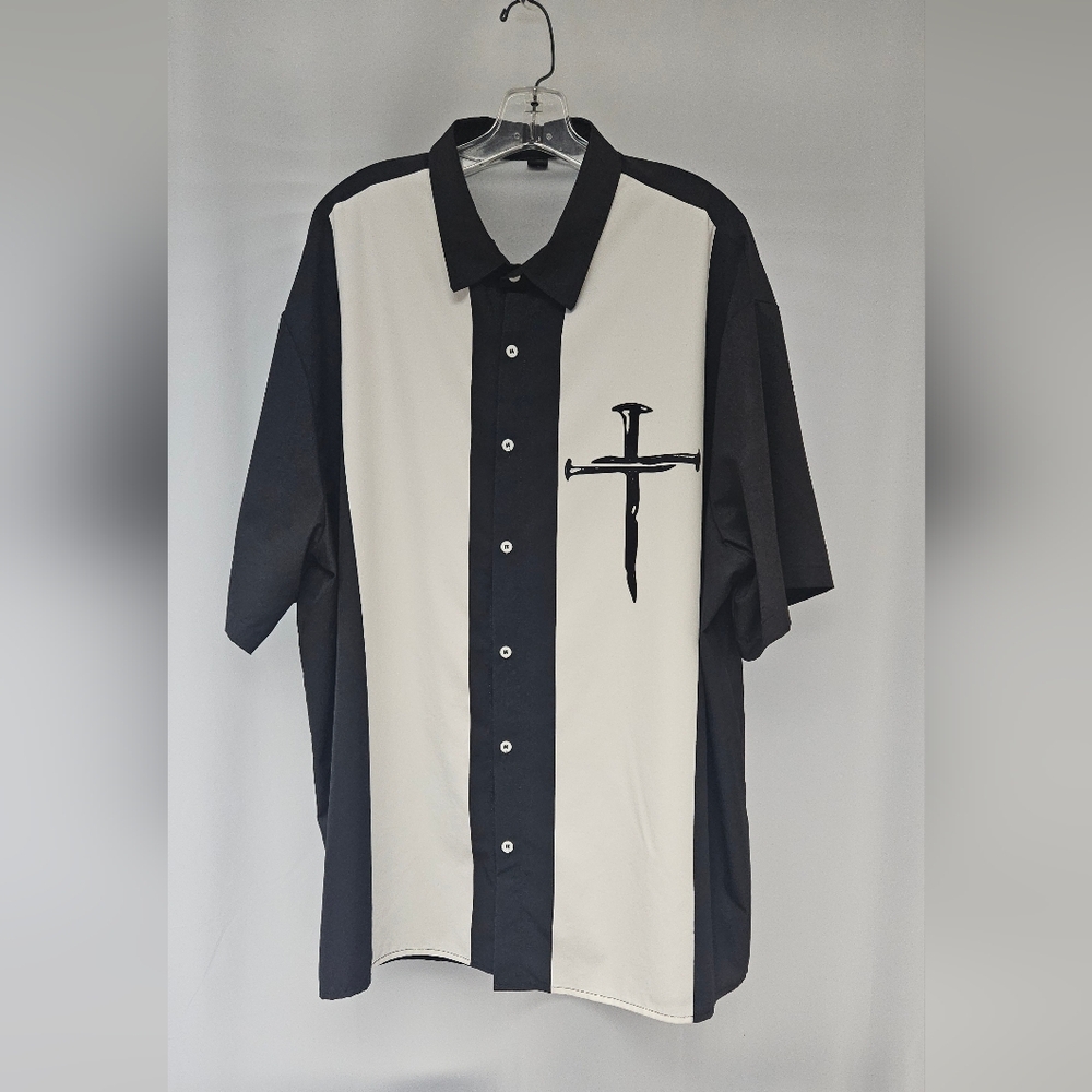 Mens Crucifix Nails Print Casual Short Sleeve Shirt Hawaiian Top Sz 3XL